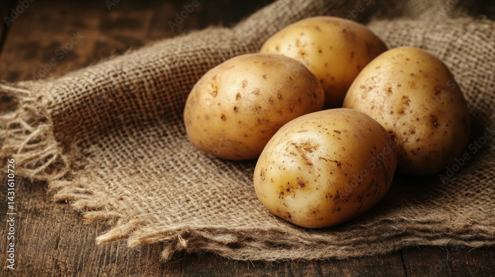 Potatoes on burlap sack, rustic wooden background, food photography, recipe ingredient Potatoes on burlap sack, rustic wooden background, food photography, recipe ingredient