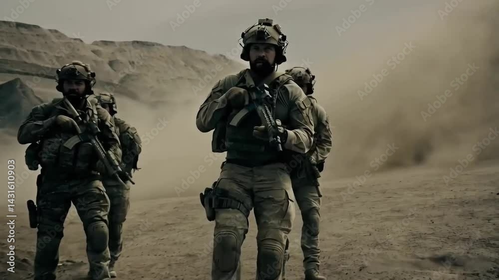 An unrecognizable military personnel in full gear walking across a rugged battlefield, holding firearms
