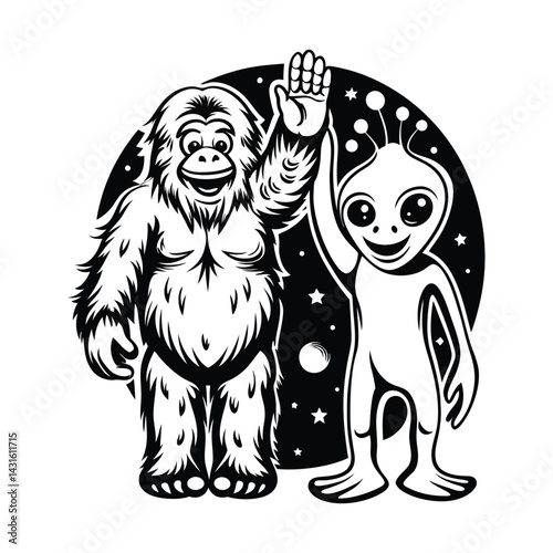 bigfoot and alien high fiving in space background