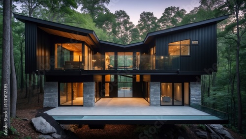 Stylish modern two-storey house positioned at the forest edge with contemporary design and surrounded by lush greenery and natural beauty