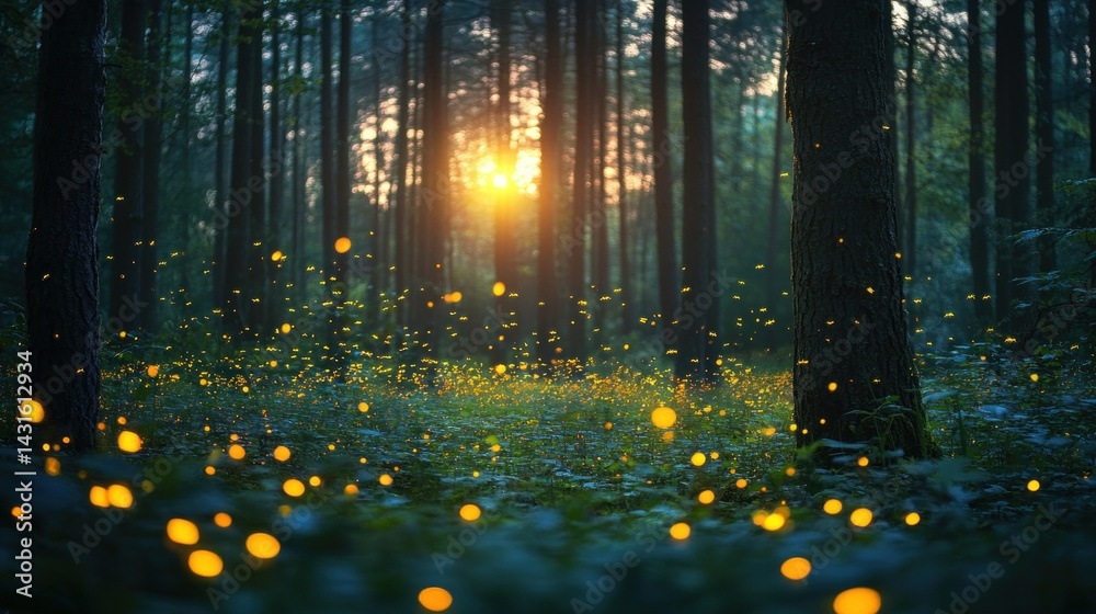 Fireflies illuminate a mystical forest at sunset. Fireflies illuminate a mystical forest at sunset.