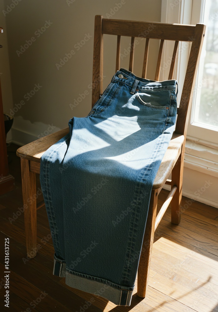 Sunlight Dappled Denim A Pair of Jeans Resting on a Wooden Chair Sunlight Dappled Denim A Pair of Jeans Resting on a Wooden Chair