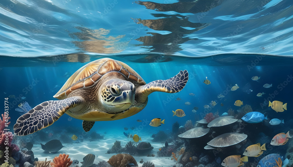 Obraz premium Sea Turtle Swimming in Plastic Waste – Ocean Pollution Crisis