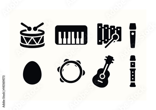 Musical instruments solid icons set – bold style for music education and performance essentials: drum, piano, xylophone, maraca, tambourine, guitar, recorder