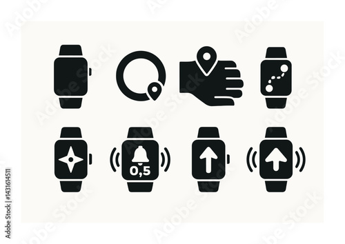 Smartwatch and fitness tracking solid icon set – silhouette style health, technology, and wearable tech symbols: smartwatch, gps, location, heart rate, compass, alert, arrow.