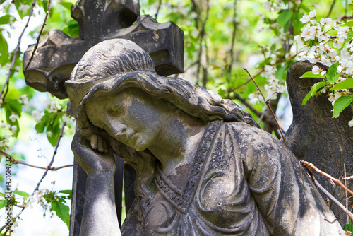 Obraz na płótnie Historic Statue on the spring mystery old Prague Cemetery, Czech Republic w salonie