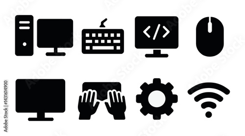 Technology and office solid icons set – silhouette style gadgets, computers, and devices for digital workspaces: monitor, keyboard, mouse, code, wifi, gear, vr, touchscreen.