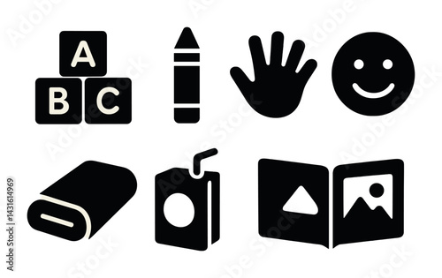 Preschool education silhouette icons set – solid style learning, development, and play symbols for early childhood education: alphabet blocks, crayon, handprint, smile, juice box, book, photo album