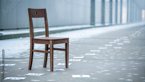 Lonely wooden chair surrounded by scattered papers in a reflective outdoor setting with copy space
