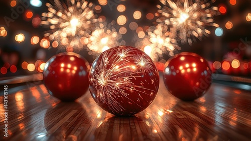 Festive Bowling Balls with Fireworks Backdrop: A New Year's Eve Celebration