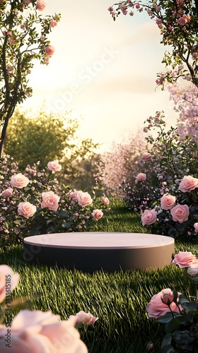 A serene sptime garden scene features a circular platform led amongst lush pink rose bushes and vibrant green grass under a warm sunset sky perfect for product display or
