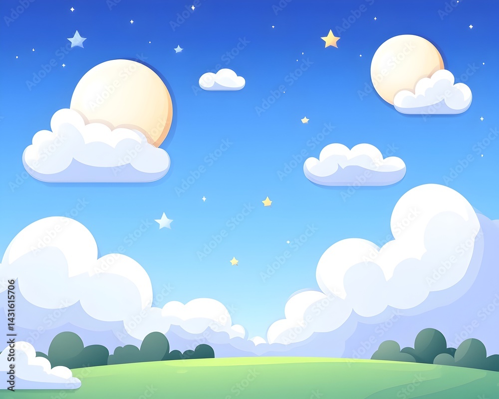 Fototapeta premium Cartoon night sky with two moons, white clouds, and stars over a green field