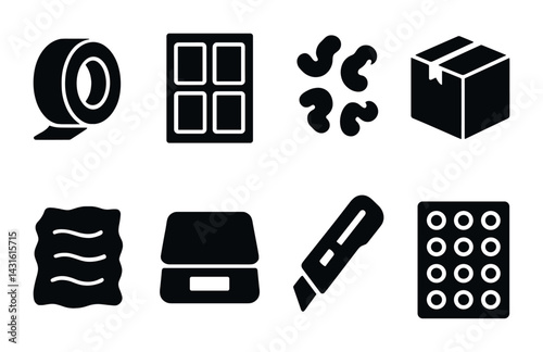 Packaging and shipping solid icons set – silhouette style logistics, parcel, and delivery symbols: tape roll, barcode, question mark, box, tape, utility knife, bubble wrap
