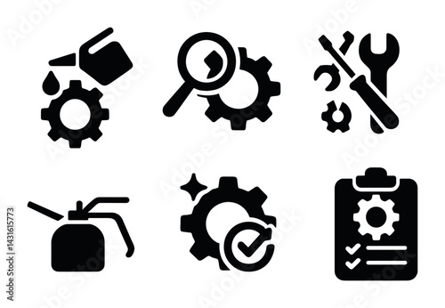 Mechanical maintenance solid icons set – filled style repair, engineering, and tools symbols for technical projects: oil can, magnifying glass, wrench, screwdriver, checklist, gears.