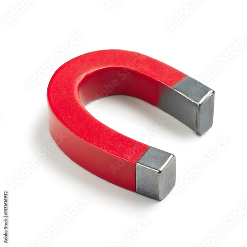 A red horseshoe magnet on a clean surface isolated on white background