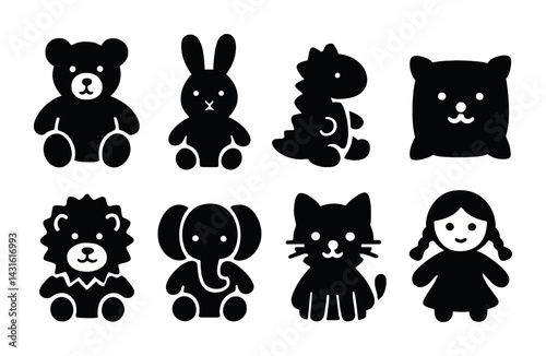 Cute animal toy silhouette icons set – solid style kids, playful, and soft toy symbols for child’s room: teddy bear, rabbit, dinosaur, dog, lion, elephant, cat, doll.