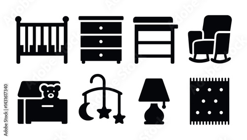 Nursery furniture silhouette icons set – solid style baby room, child decor, and infant essentials symbols: crib, dresser, changing table, rocking chair, nightstand, mobile, lamp, rug.