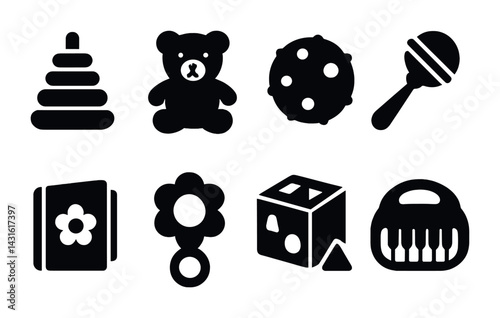Baby toys silhouette icon set – solid style playtime, infant, and nursery symbols for parenting: stacking rings, teddy bear, ball, rattle, book, teether, block, toy piano.