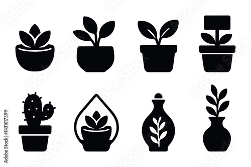 Silhouette plant icon set – filled style for gardening, botany, and nature graphics: succulent, potted plant, cactus, terrarium, bonsai, garden sign, leaf vase.