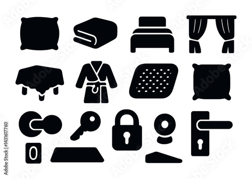 Hospitality and hotel icon set – solid style accommodation, amenity, and lodging symbols for guest experience: pillow, bed, key, lock, bathrobe, towel, curtains