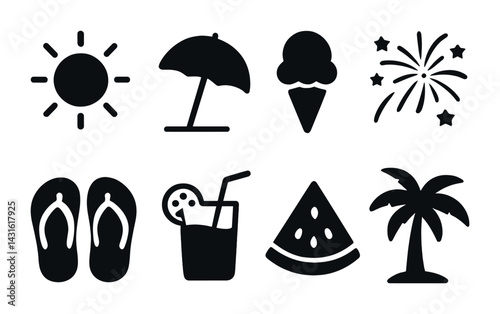 Summer fun silhouette icons set – solid style for vacation, beach, and leisure activities: sun, umbrella, ice cream, fireworks, flip-flops, drink, watermelon, palm tree.
