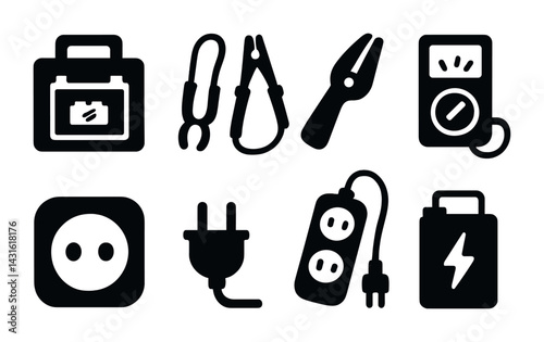Electrical tools and devices solid icons set – silhouette style power, repair, and utility symbols for technicians: toolbox, pliers, multimeter, plug, battery, outlet, jumper cables.