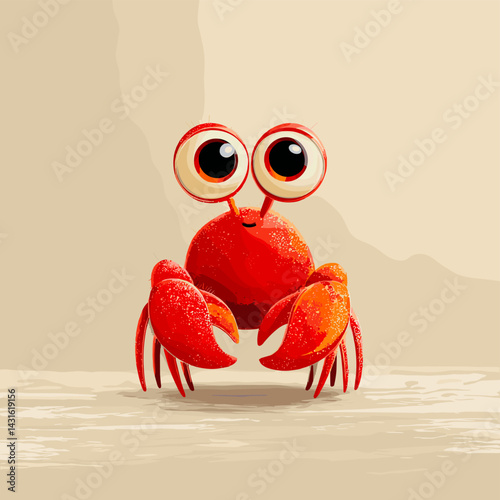 Cute red cartoon crab with large eyes and realistic shadow, standing on a light textured background, fun sea character illustration