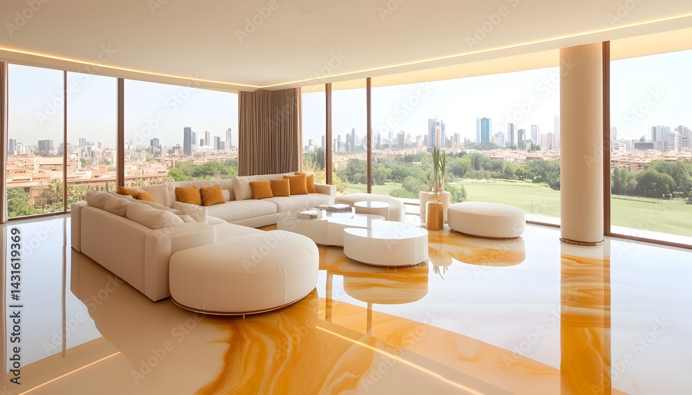 Modern living room with large windows and city view Modern living room with large windows and city view