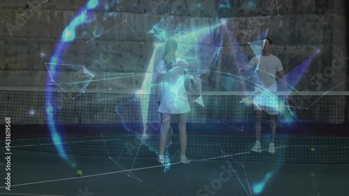 Wallpaper Mural man and woman holding rackets on tennis court, with holographic globe showing technology Torontodigital.ca