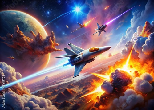 Futuristic Jet Dogfight: Alien Planet Cosmos Explosion Cloudscape
