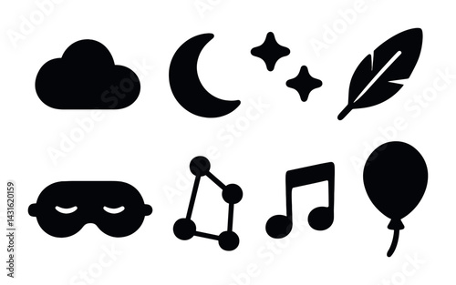 Dream and nighttime solid icons set – silhouette style sleep, relaxation, and astronomy symbols: cloud, moon, stars, feather, sleep mask, constellation, music note, balloon.