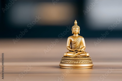 A golden Buddha statue sits on a wooden table with a blurred background