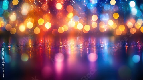 Colorful bokeh lights reflecting on wet surface during festive night
