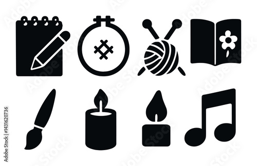 Crafts and hobbies solid icon set – silhouette style diy, artistry, and creativity symbols for handmade projects: notebook, embroidery hoop, yarn, book, brush, candle, music note.