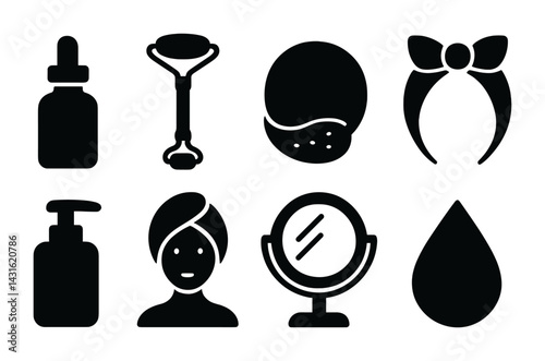 Beauty and self-care solid icons set – filled style skincare, cosmetics, and wellness symbols: dropper, jade roller, facial scrub, hairband, lotion, towel, mirror, water drop.
