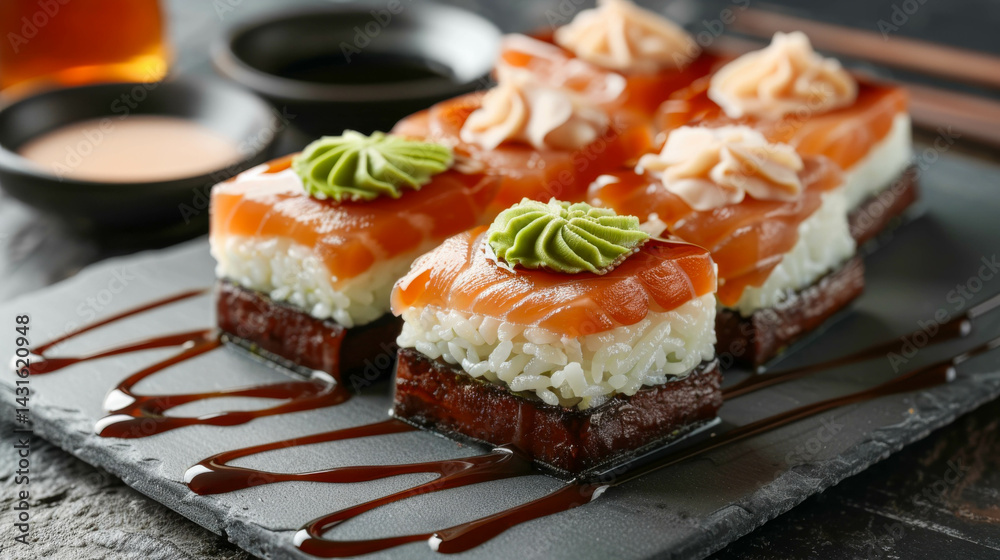 Gourmet food presentation featuring sushi rolls topped with salmon and wasabi on a slate plate Gourmet food presentation featuring sushi rolls topped with salmon and wasabi on a slate plate