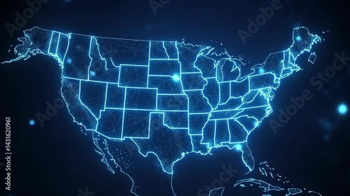 Glowing neon lines outline a map of the United States with interconnecting networks, showcasing connectivity and digital technology.