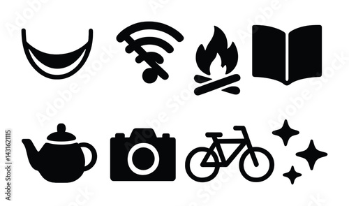 Outdoor leisure solid icons set – flat style camping, relaxation, and recreation symbols for adventure: hammock, wifi, campfire, book, teapot, camera, bicycle, stars.