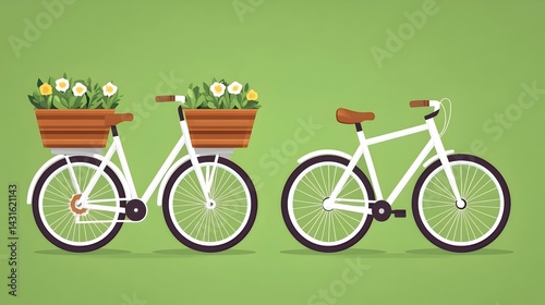 Two white bicycles, one with flowerpot on the handlebars, against a green background