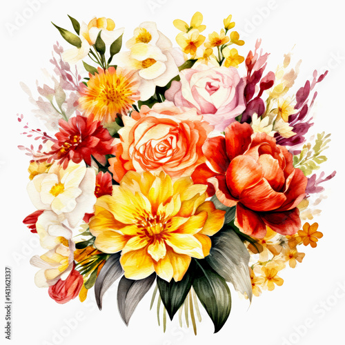 Watercolor floral bouquet with bright roses, peonies, dahlias and greenery. Ideal for invitations, greeting cards, weddings. Colorful flowers watercolor bouquet illustration
