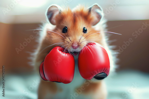 Cute hamster wearing red boxing gloves standing on soft surface with a determined expression and blurred indoor background. Adorable hamster wearing red boxing gloves in fighter pose