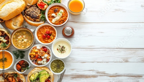 Wallpaper Mural Assorted culinary delights displayed on a white wooden table.  Various soups, salads, sandwiches, and sides are showcased in different bowls and wraps Torontodigital.ca