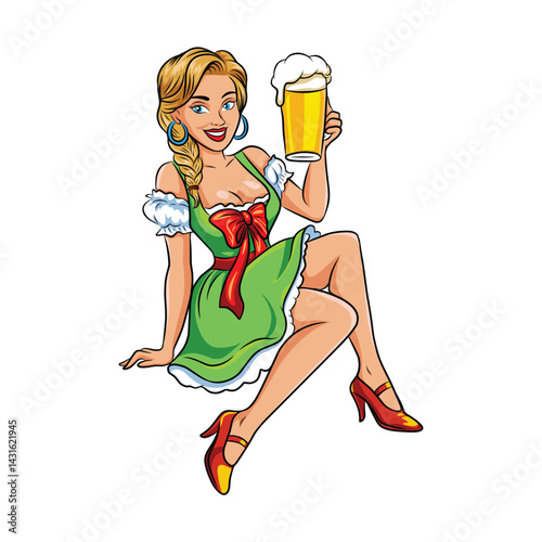 Vector illustration of a girl in a national costume with a glass of beer