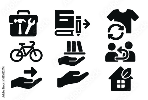 Sustainable living solid icons set – filled style eco-friendly, recycling, and resource conservation symbols: tool kit, book with pencil, recycle symbol, t-shirt, house.