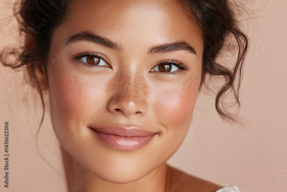 Fototapeta premium Smiling woman with freckles, close-up portrait