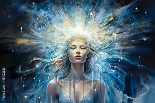 Ethereal woman with flowing hair and radiant cosmic crown glowing in surreal space filled with stars and divine light. Concept fantasy, spirituality or sci-fi art. Radiant woman with celestial energy