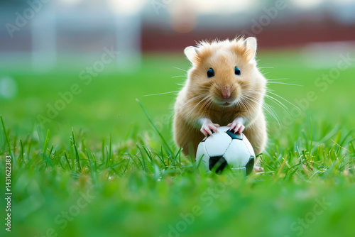 Hamster standing on green field with tiny football under paws. Focused athlete moment before action. Concept of sports discipline, team spirit and healthy lifestyle in miniature form
