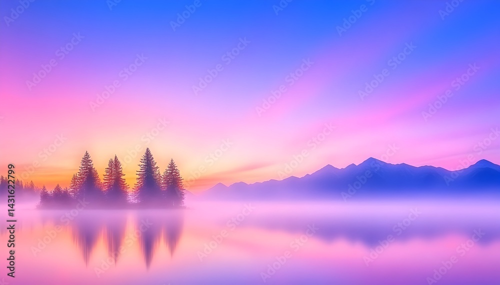 Fototapeta premium A serene landscape with a misty lake, silhouetted trees, and a vibrant pink and blue sky