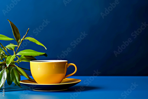 Elegant still life with golden teacup on matching saucer accompanied by fresh green foliage against rich blue background. Concept of tea and relaxation. Golden teacup with green leaves