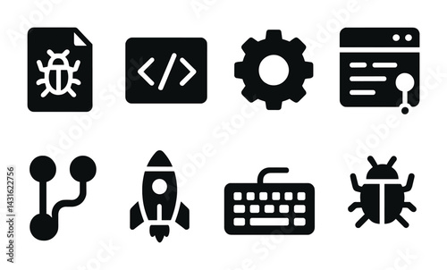 Software development solid icons set – silhouette style for coding, programming, and tech projects: bug, code, gear, browser, network, rocket, keyboard, debug